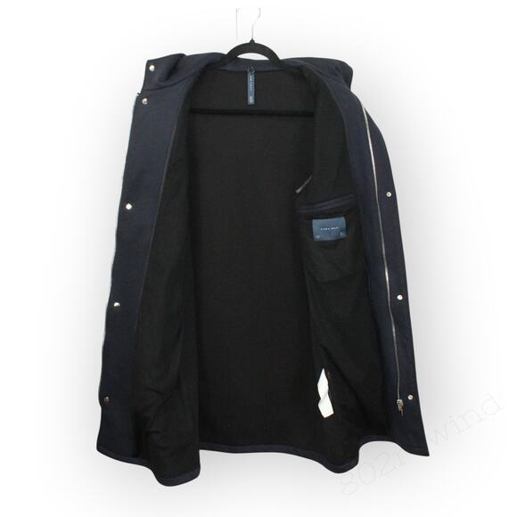 Large Zara Man Duffel Overcoat Navy Blue Poly-Cotton Weave Zip Snap Hood - Picture 6 of 14